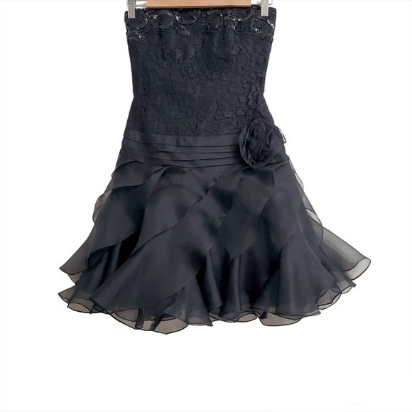 Tadashi Vintage Strapless Mini Silk Dress Petite 4 Black Ruffle Sequin L… - Picture 1 of 11